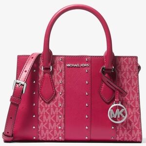 Michael Kors Sheila Small Studded Patchwork and Signature Logo Satchel Raspberry